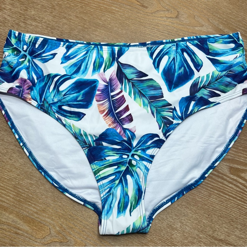 🌊Blue Tropical Leaf High-Waist Bikini Bottoms NWOT